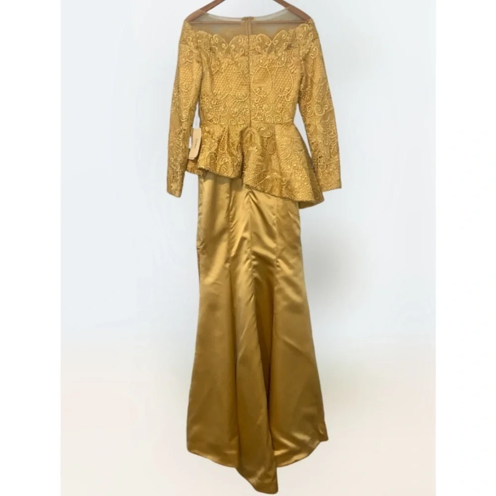 TS Couture Mustard Yellow Lace Long Sleeve Peplum Satin Mermaid Formal Gown NWT